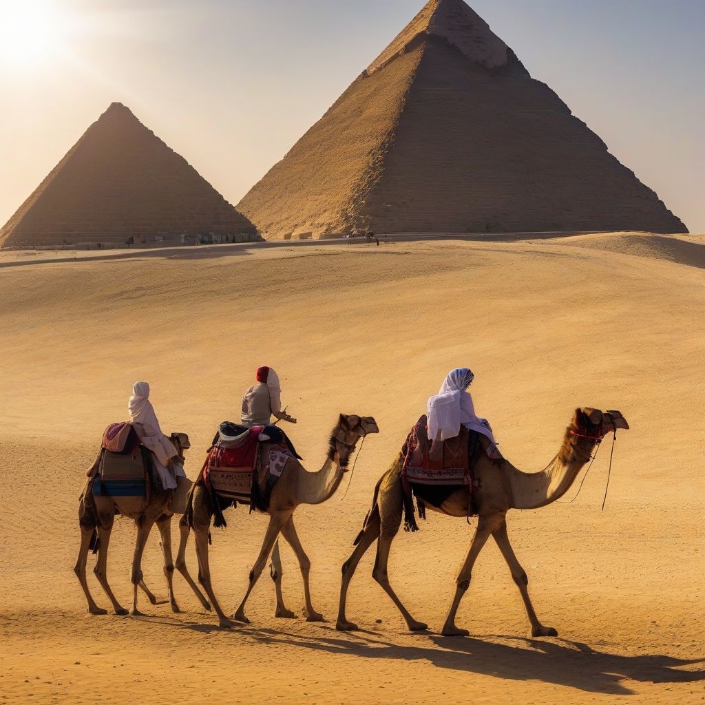 Tourists Riding Camels at the Pyramids of Giza